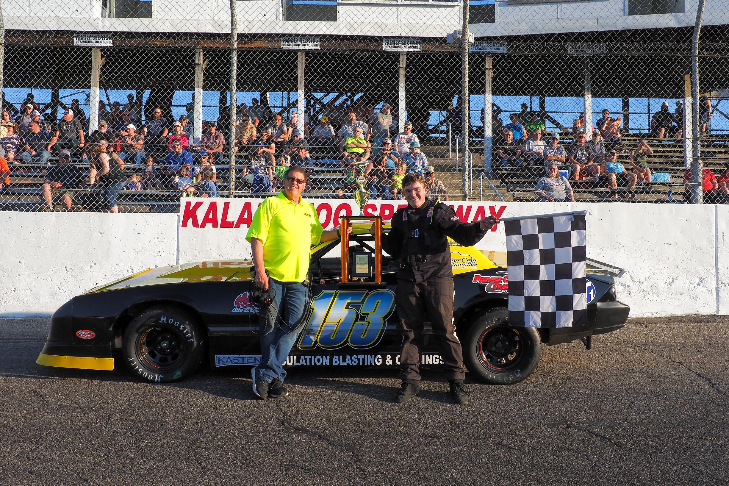 Gabe celebrating a win at Kalamazoo Speedway, June 4